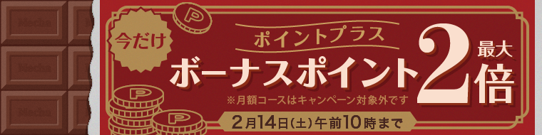 ポイントプラス 今だけ!! ボーナスポイント最大2倍 *月額コースはキャンペーン対象外です 2月14日(土)午前10時まで