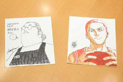 井上雄彦さんが描いた「SAKAMOTO DAYS」の坂本太郎(左)と鈴木祐斗さんが描いた「SLAM DUNK」の桜木花道(c)鈴木祐斗/集英社 (c)井上雄彦 I.T.Planning,Inc. (c)井上雄彦 I.T.Planning,Inc (c)鈴木祐斗/集英社