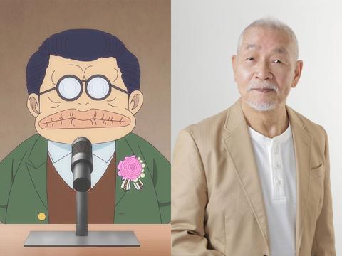 アニメ「ハイスクール！奇面組」に登場する小蝶先生（左）と小蝶先生の声優を務める緒方賢一さん（c）新沢基栄／集英社・奇面組