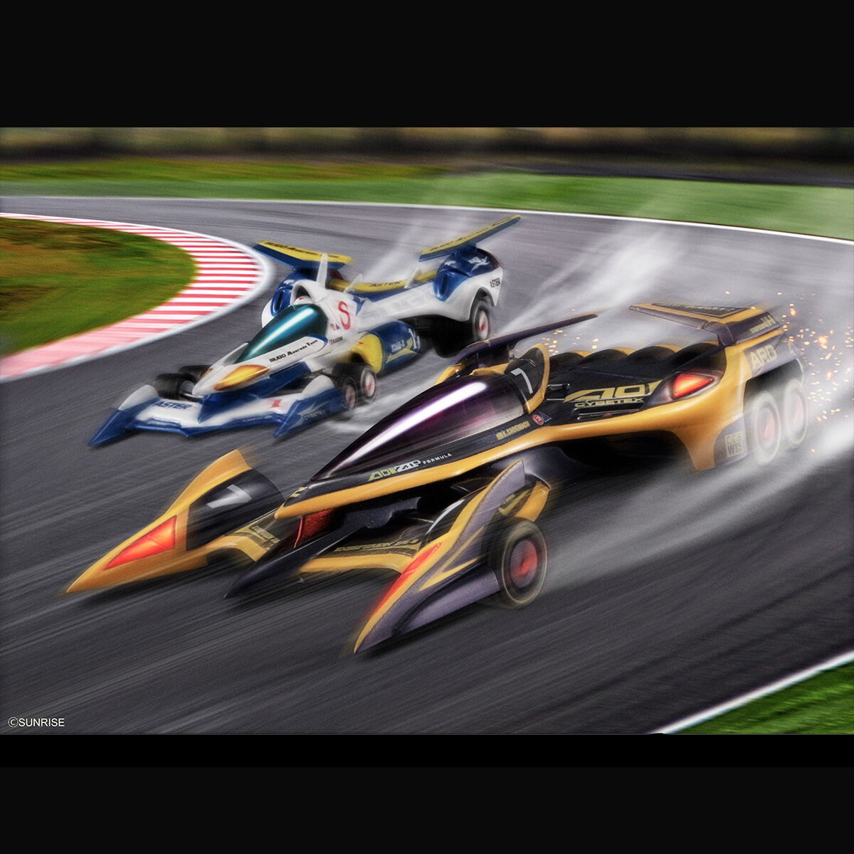 「新世紀GPXサイバーフォーミュラ11」のスーパーアスラーダAKF-11とエクスペリオンZ／A-8 ナイト・シューマッハ機のフィギュアのセット「サイバーフォーミュラコレクション -Heritage Edition- 新世紀GPXサイバーフォーミュラ11 ～不屈の闘志～セット」（c）サンライズ