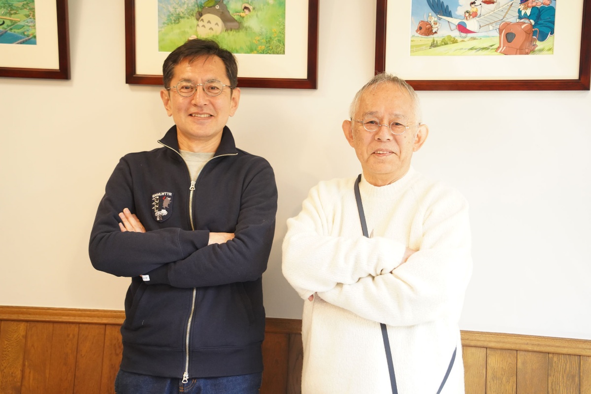 宮崎駿監督制作の「パノラマボックス」取材会に登場した宮崎吾朗監督（左）と鈴木敏夫プロデューサー、