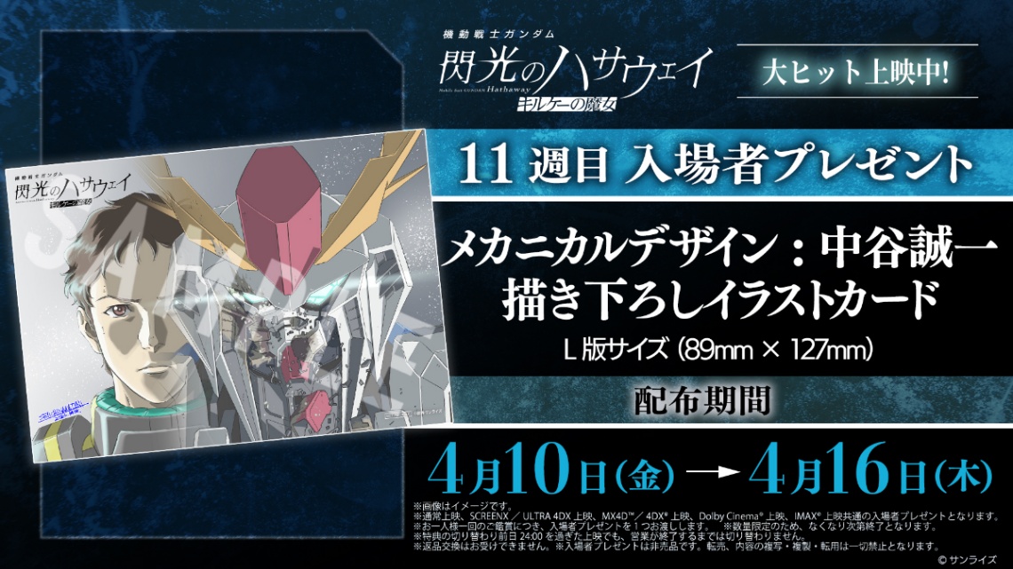 アニメ「機動戦士ガンダム 閃光のハサウェイ キルケーの魔女」の11週目入場者プレゼントの「メカニカルデザイン:中谷誠一描き下ろしイラストカード」(C)創通・サンライズ