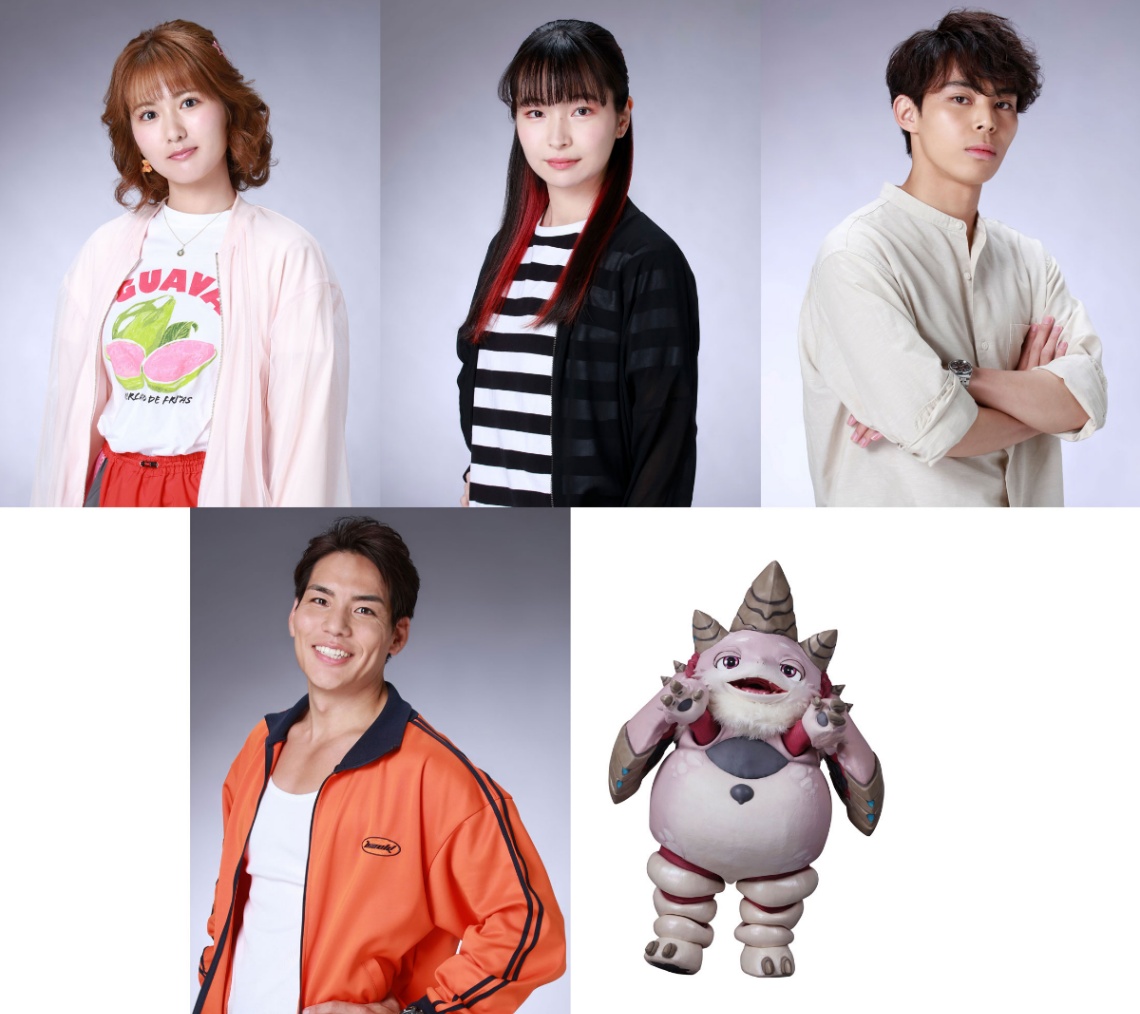 特撮ドラマ「ウルトラマンテオ」に出演する(上段左から)風間エマ役の神谷天音さん、和泉カンナ役の中田乃愛さん、火浦リンタロウ役の上村侑さん、(下段左から)苫米地ワタル役の森本竜馬さん、プチ怪獣・プッチー(c)円谷プロ (c)ウルトラマンテオ製作委員会・テレビ東京
